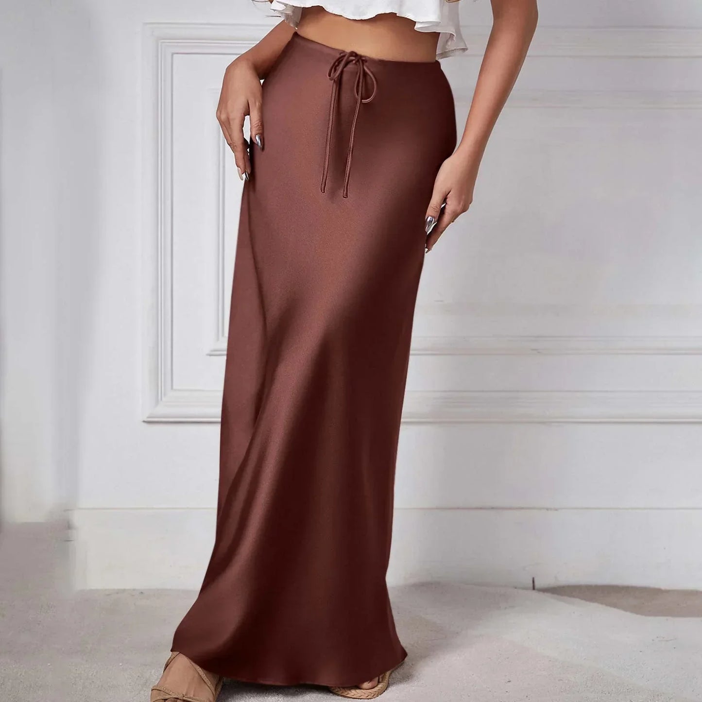 Satijnen Rok met Hoge Taille en Vetersluiting