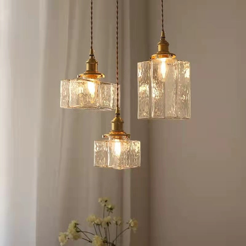 Vintage Hanglamp met Gegolfd Glas & IJzeren Armatuur – Vierkant/Rechthoekig – Scandinavisch Design voor Woonkamer