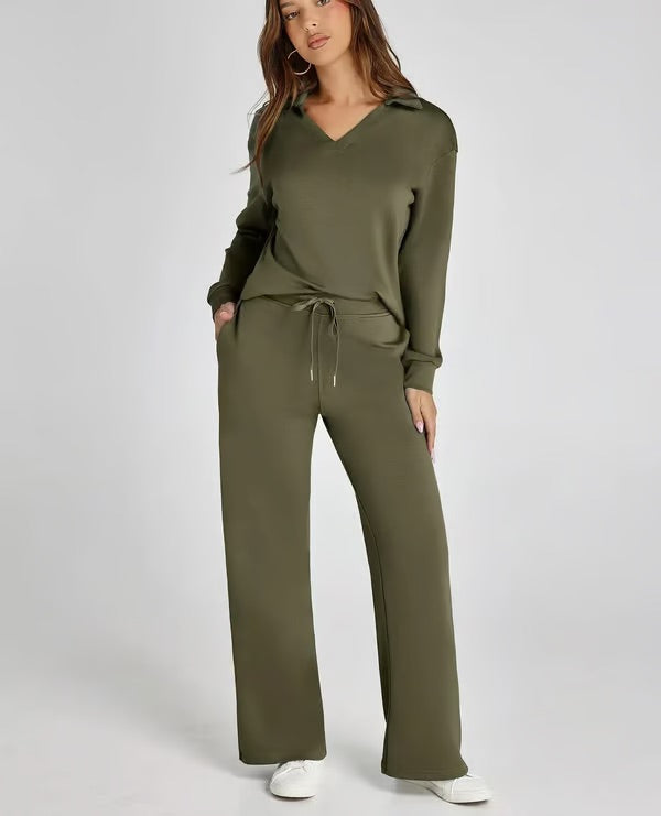 Dames 2-Delige Set met V-Hals Sweatshirt en Wijde Joggingbroek