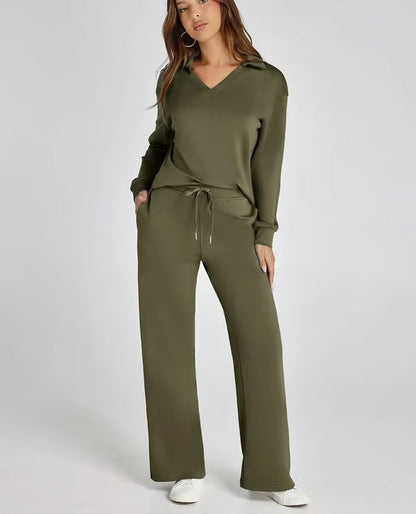 Dames 2-Delige Set met V-Hals Sweatshirt en Wijde Joggingbroek
