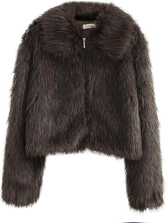 Dames Faux Fur Jas Kort Warm Met Rits en Kraag
