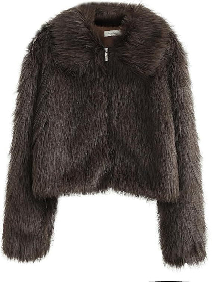 Dames Faux Fur Jas Kort Warm Met Rits en Kraag