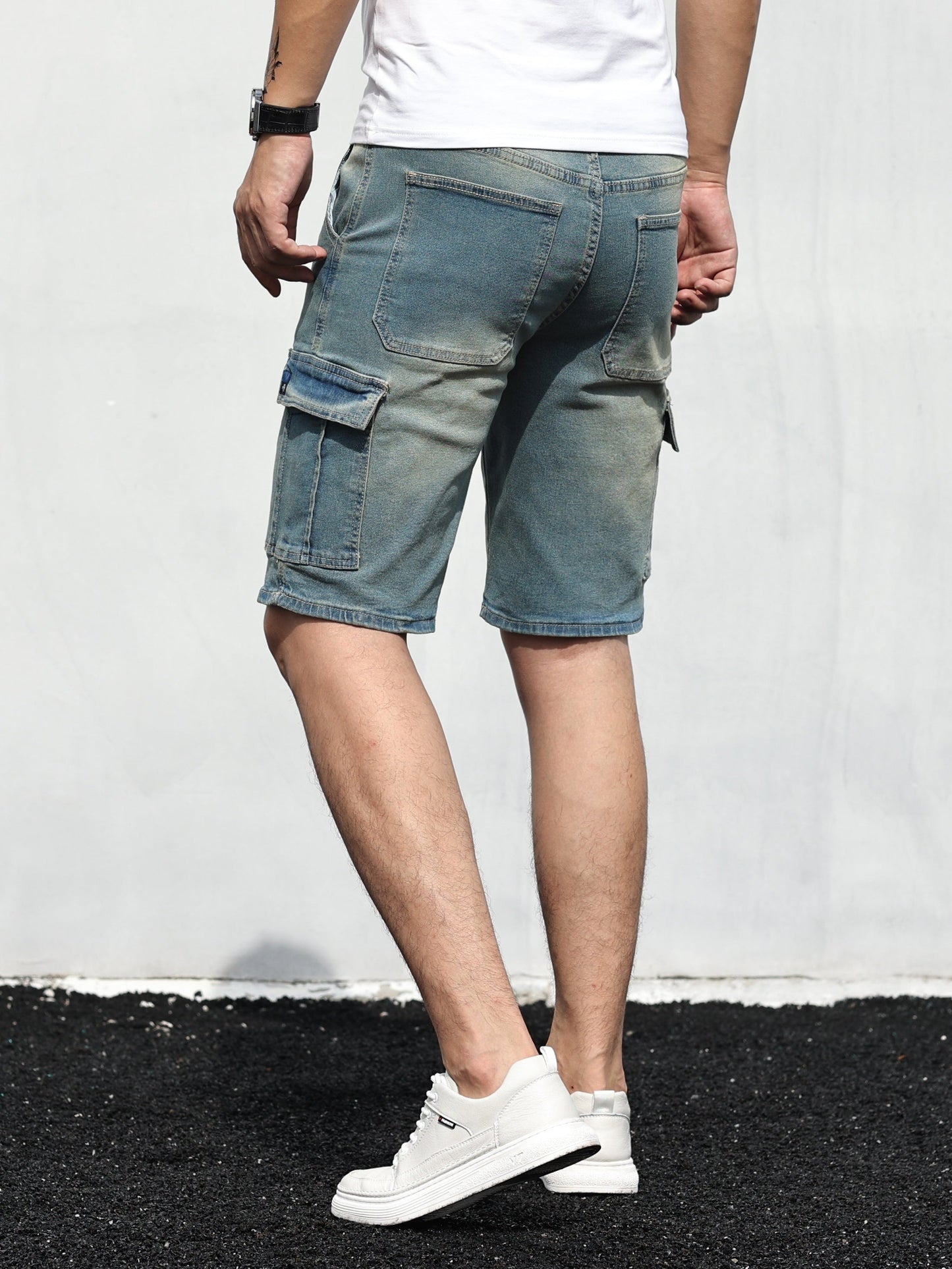 Heren Cargo Shorts Giel Blauw Denim Zomerbroek