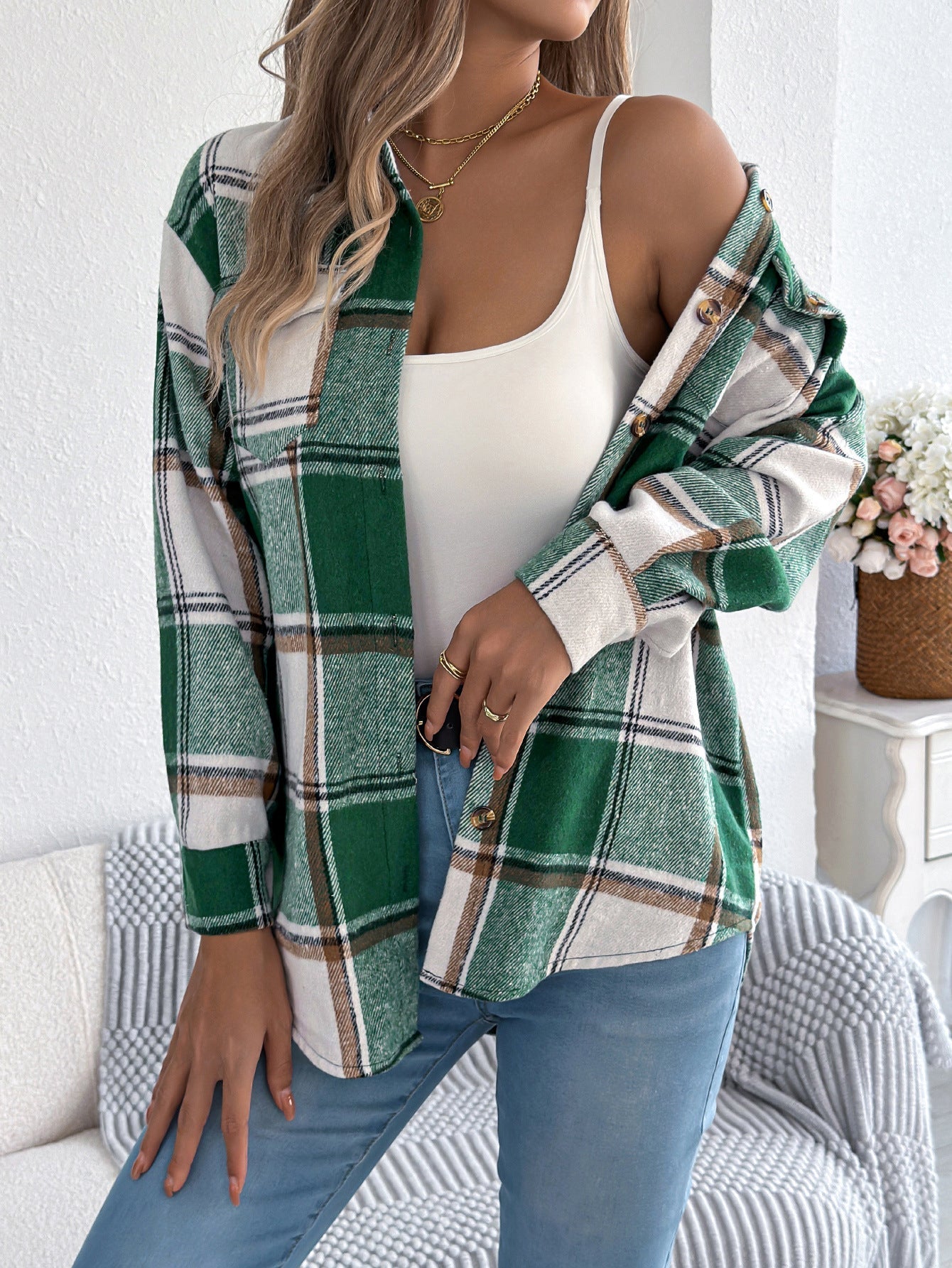 Dames Overshirt Geruit met Zakken en Knopen Casual Kleding