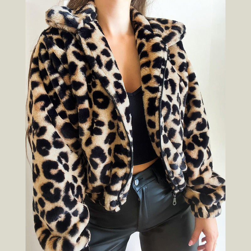 Dames Faux Fur Jas Kort Leopard Print Stijlvol