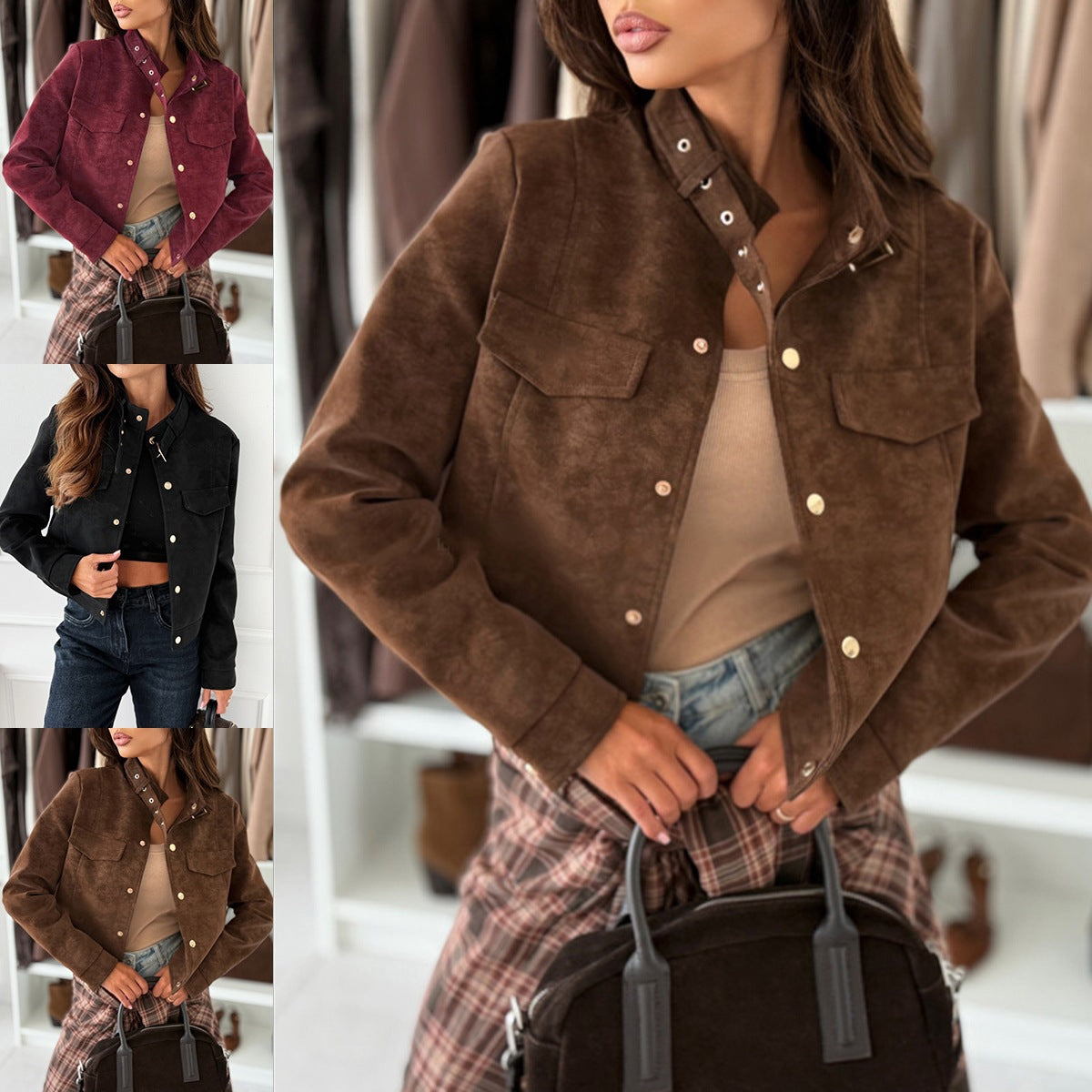 Korte Damesjas van Suede met Gouden Knopen Chique Look