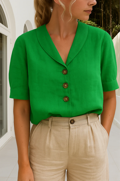 Dames Blouse Korte Mouwen met Sjaalkraag en Knoopsluiting