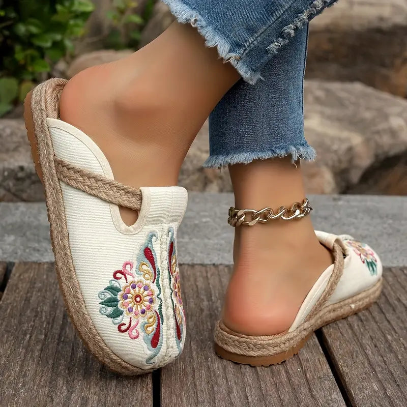 Dames Leer Schoenen Bloemenpatroon Platte Zool