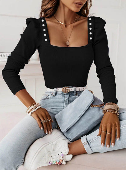 Dames Top Vierkante Hals Sierknopen Trendy Mode