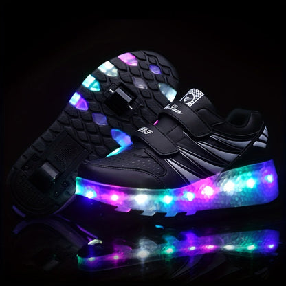 Roller sneakers kinderen LED kunstleer roze met wieltjes afneembaar schoenen skates lichtgevende kinderschoenen