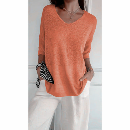 Dames Top Met V-hals Driekwartmouwen Fijngebreid Casual