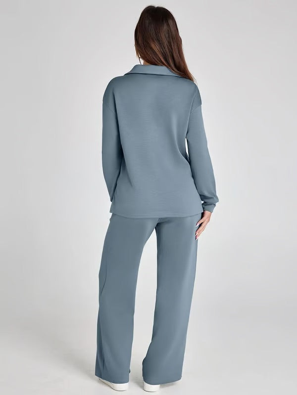 Dames Herfst Outfit: Warme Tweedelige Set met V-Hals Trui en Wijde Broek