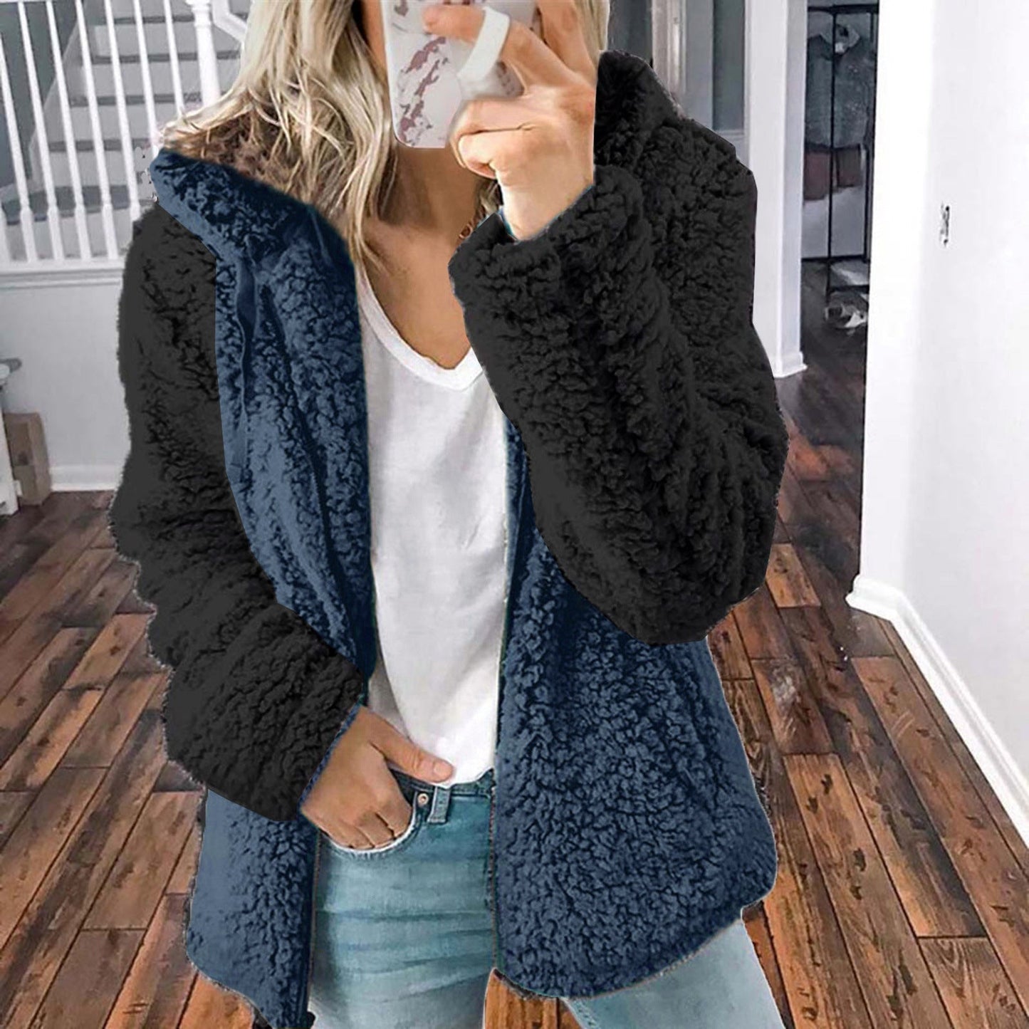 Dames Fleece Vest Zacht met Kap en Contrasterende Mouwen