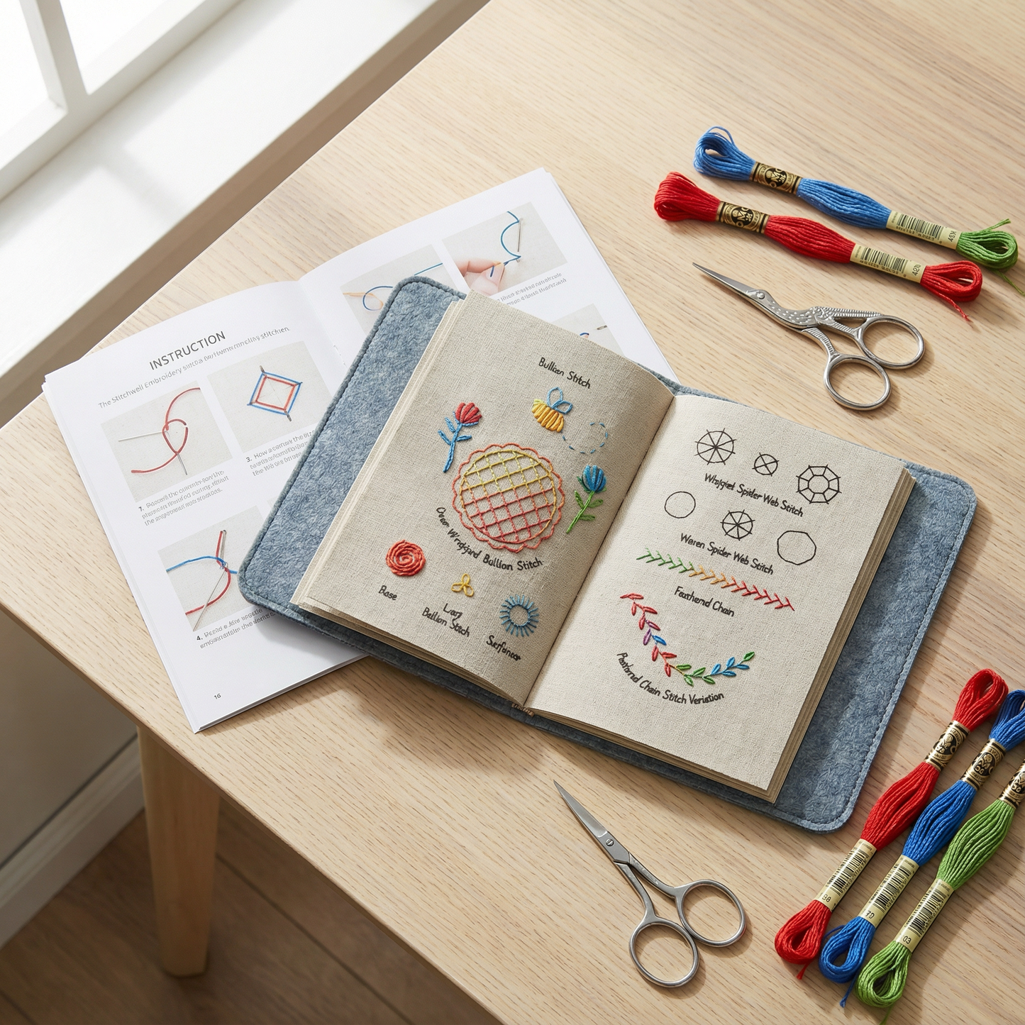 Complete Borduurstekenboek Kit – 106 Steken, Linnen Pagina's, Volledige Gereedschapsset – Handwerk Leren
