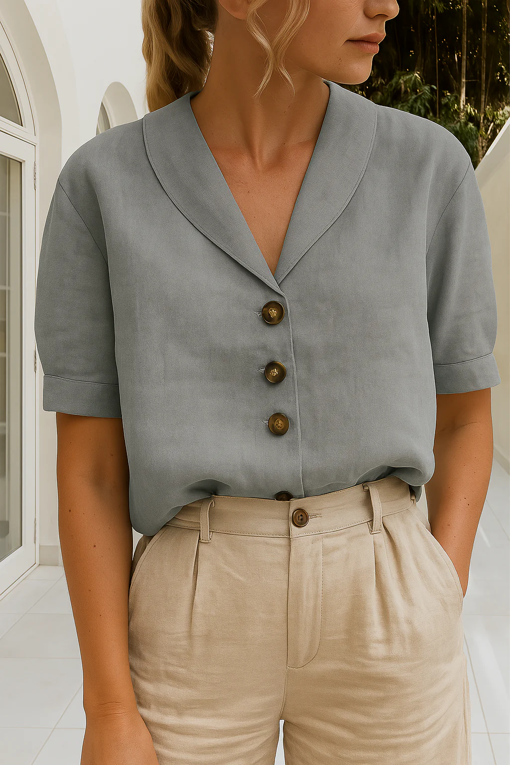 Dames Blouse Korte Mouwen met Sjaalkraag en Knoopsluiting