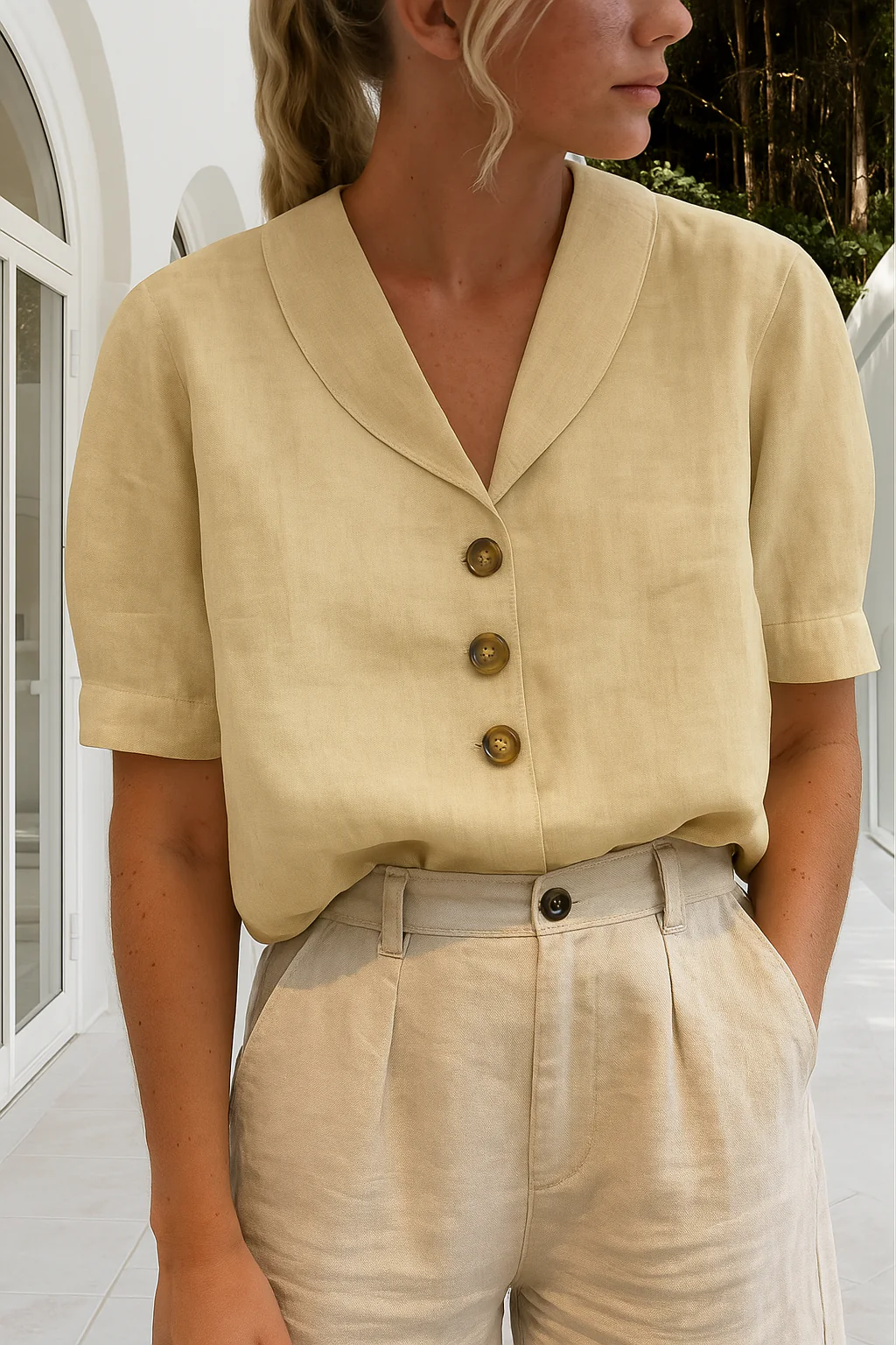 Dames Blouse Korte Mouwen met Sjaalkraag en Knoopsluiting