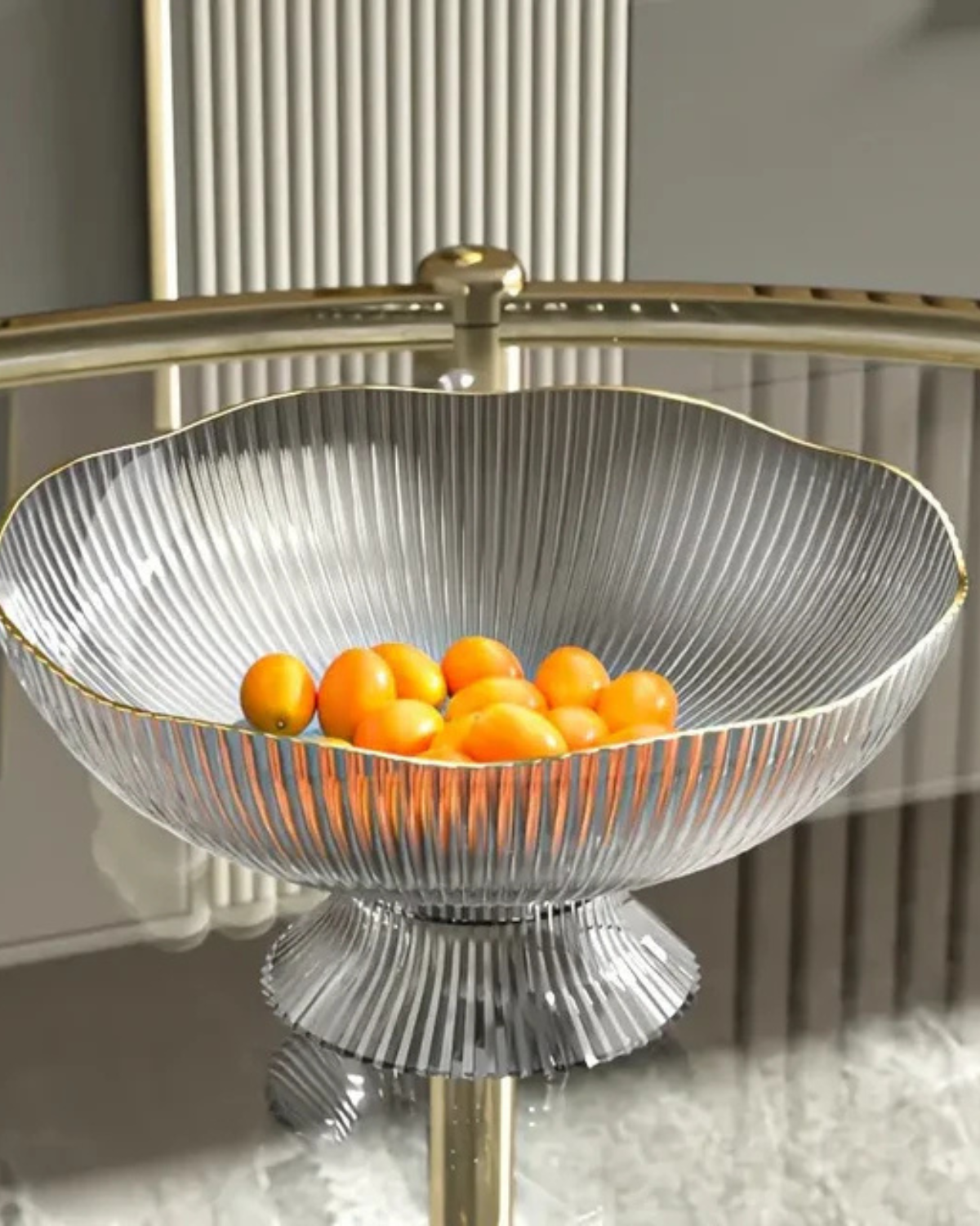 Fruitschaal op Voet met Goudrand Geribbeld Keramiek Transparant Groen Grijs voor Tafelcenterpiece Interieur