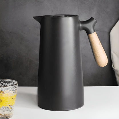 Thermoskan 1L RVS Houten Handvat Beige Keuken Koffie Thee Geïsoleerde Karaf Dubbelwandig Lekvrij Design Karaf Scandinavisch