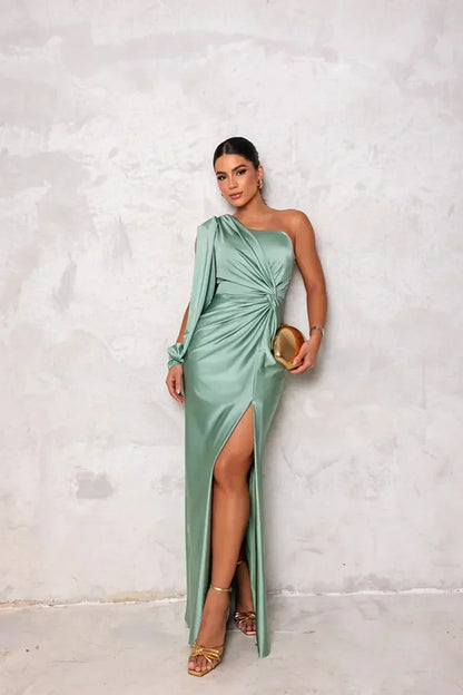 Elegant One-Shoulder Maxi Bruiloftsgast Jurk met Split