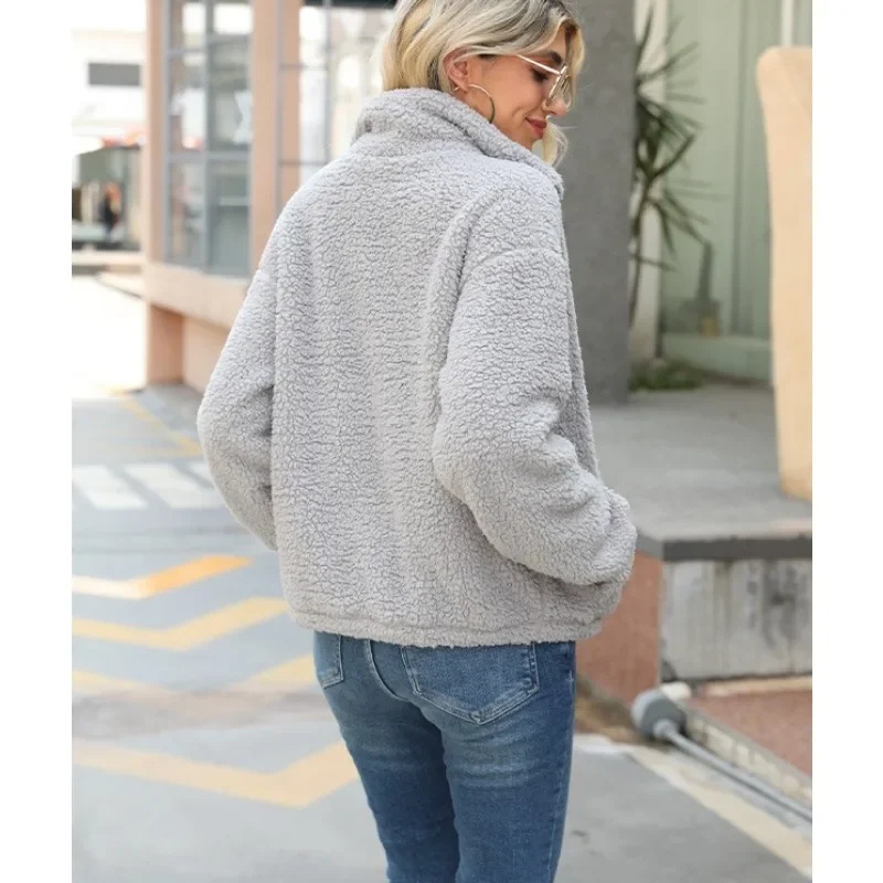 Warme Vrouwen Jasje Sherpa Leren Look Met Zakken