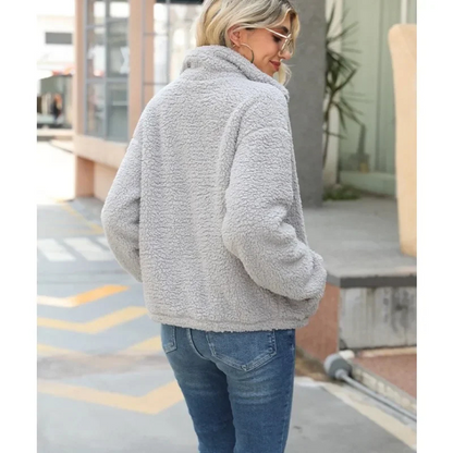 Warme Vrouwen Jasje Sherpa Leren Look Met Zakken