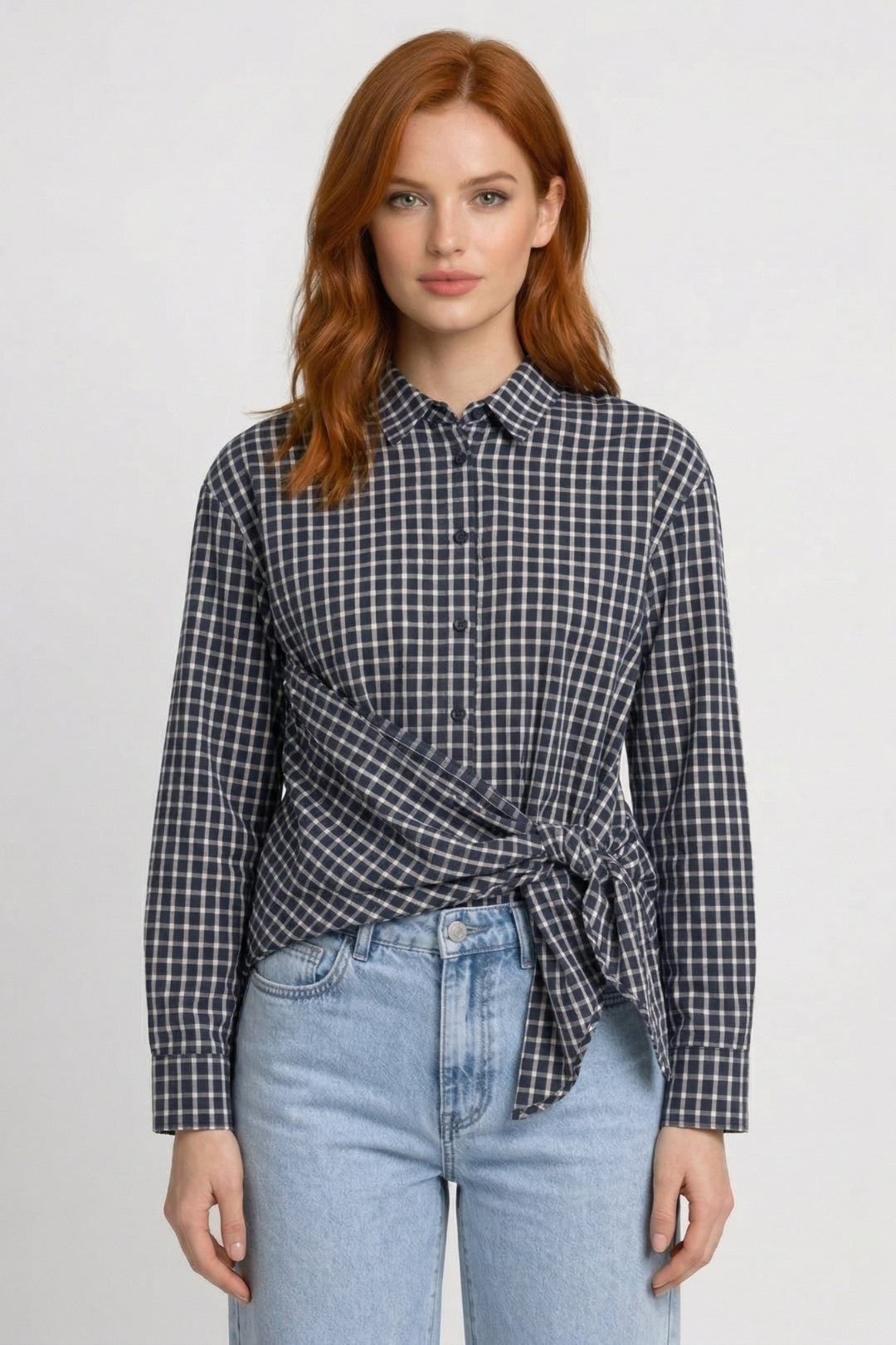 Dames Blouse Geruit Asymmetrisch met Strik
