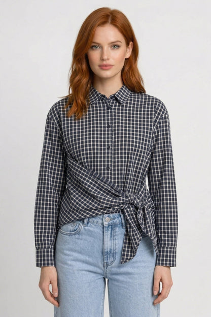 Dames Blouse Geruit Asymmetrisch met Strik