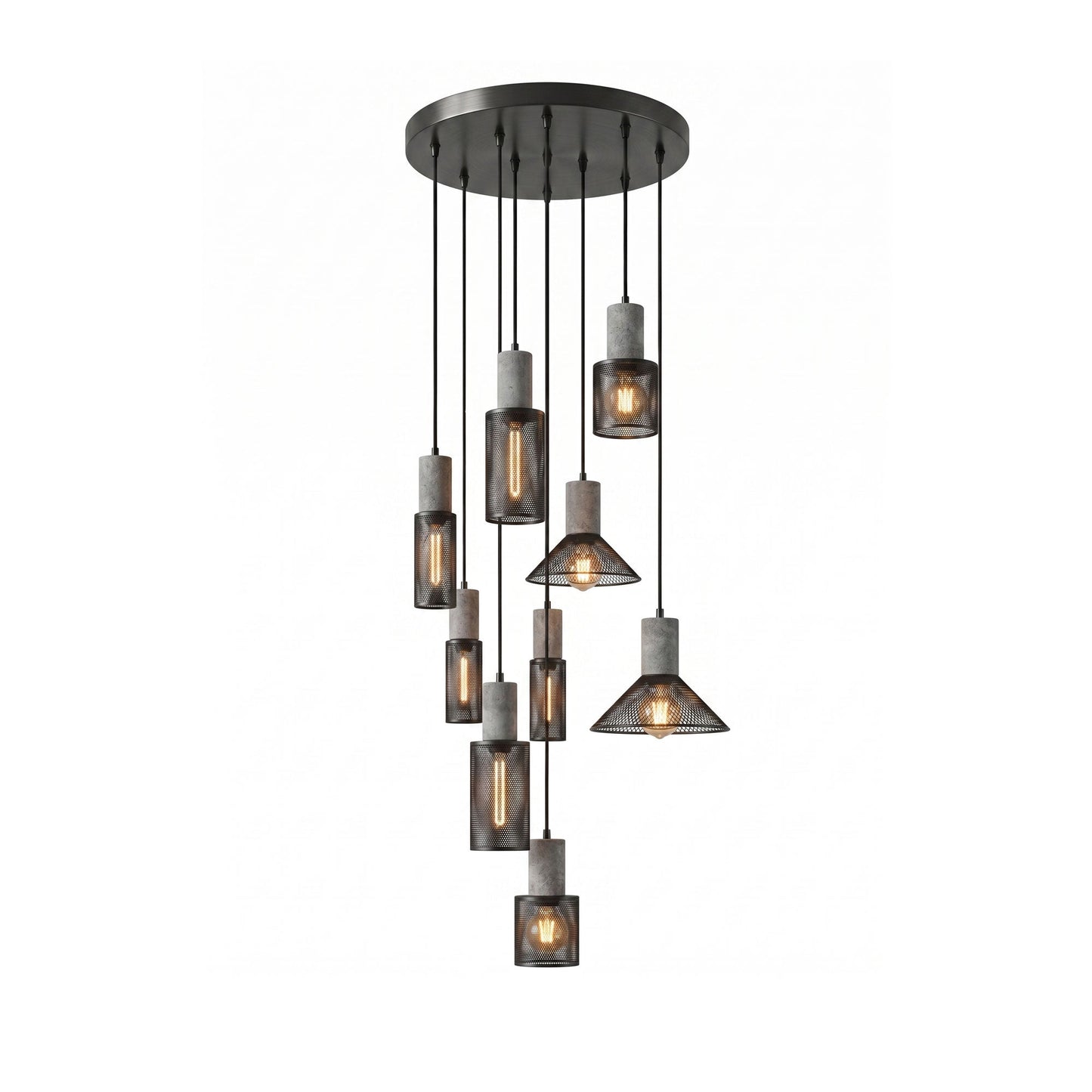Industriële Hanglamp met Cement & Zwart Mesh — 6 Vormen