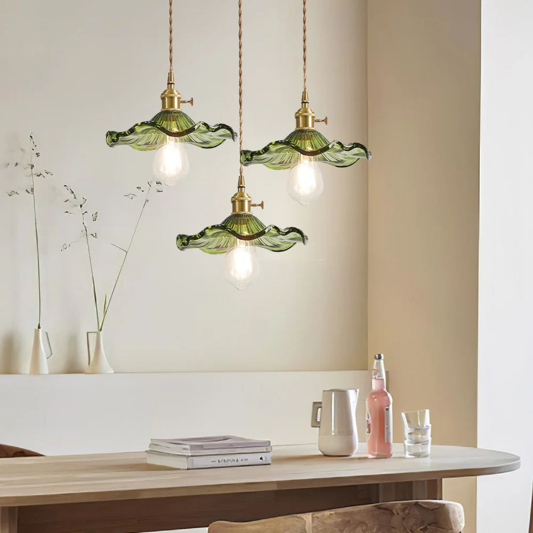 Hanglamp Glas E27 23cm Groen Messing Bloemvorm Eettafel Slaapkamer Retro Verlichting Vintage Hanglamp