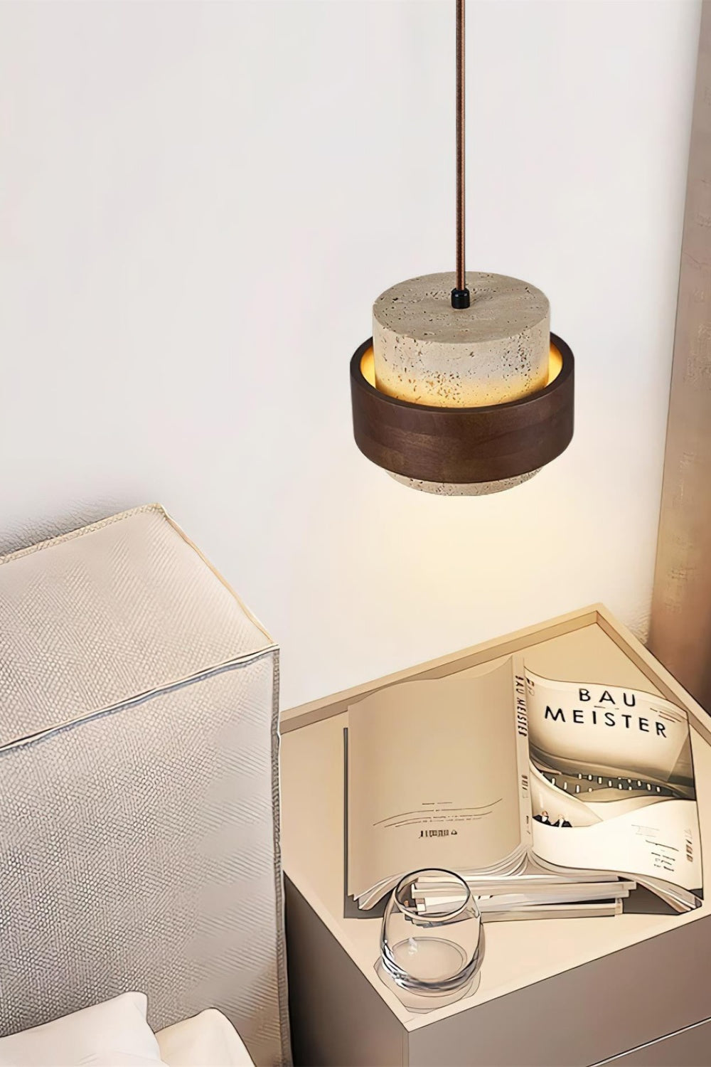 Houten Hanglamp met Travertijn Afwerking – Organische Lichtbron Eetkamer Woonkamer