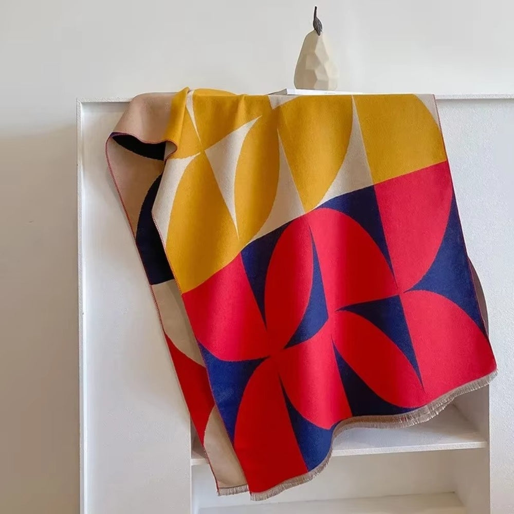 Omkeerbare Sjaal met Geometrisch Blokdesign Warm Zachte Microvezel Poncho voor Herfst en Winter