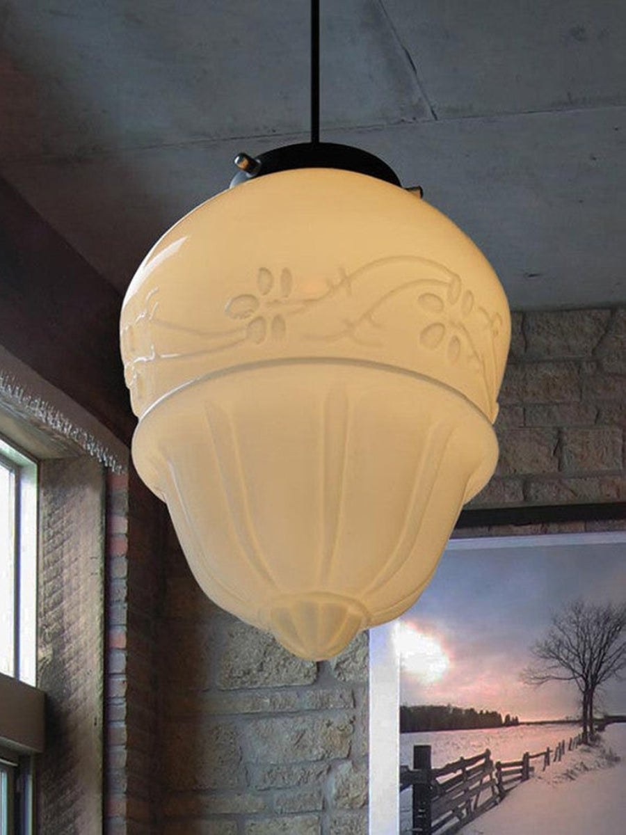 Vintage Art Deco Melkglas Hanglamp met Gestreepte Kap voor Eetkamer en Woonruimte
