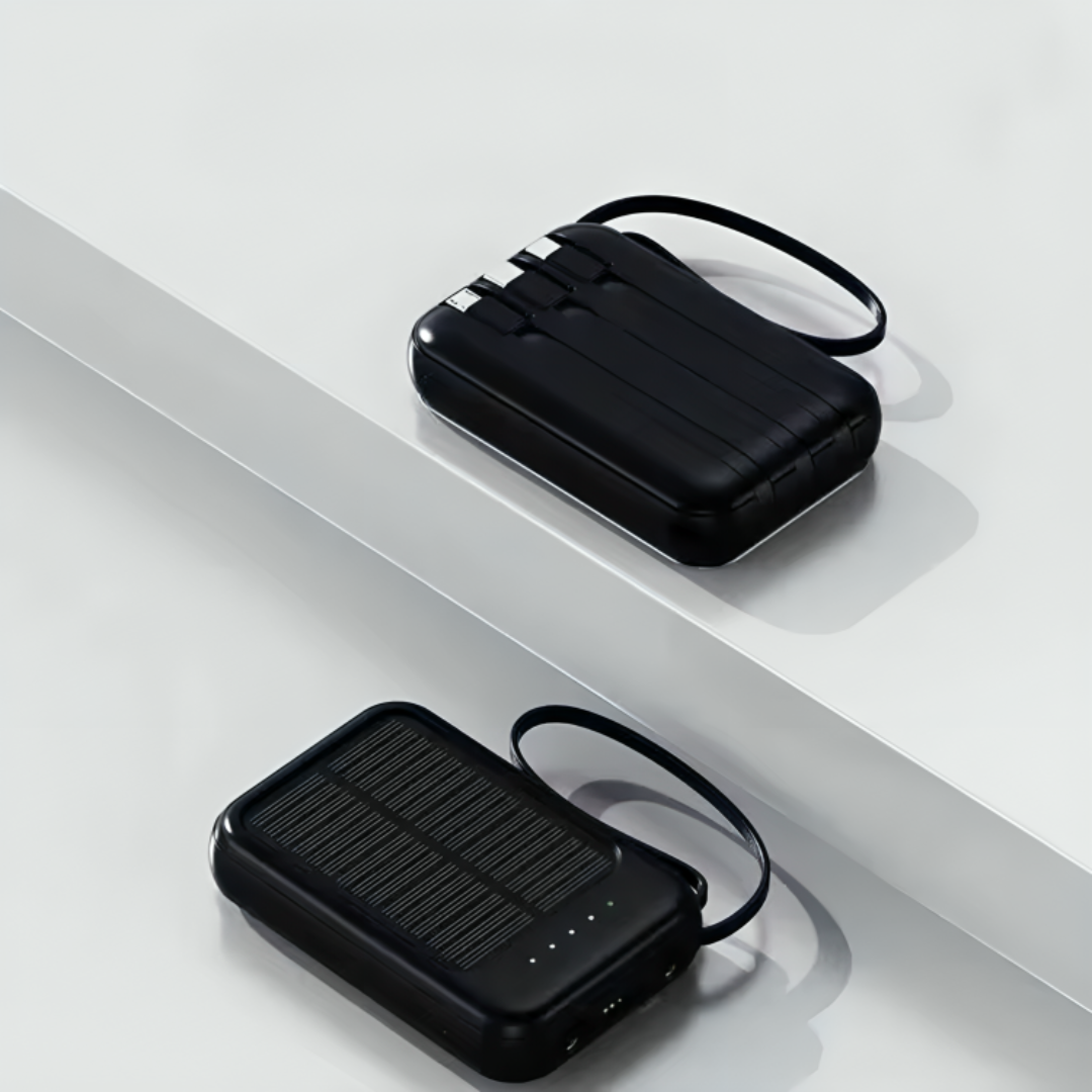 Oplaadbare Powerbank 20000mAh met Zonnepaneel, LED-Zaklamp en Ingebouwde Kabels – Draagbare Noodaccu met Dubbele USB- en Type-C-Aansluiting voor Smartphone en Tablet