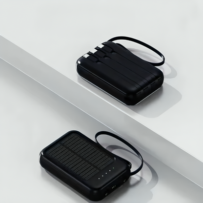 Oplaadbare Powerbank 20000mAh met Zonnepaneel, LED-Zaklamp en Ingebouwde Kabels – Draagbare Noodaccu met Dubbele USB- en Type-C-Aansluiting voor Smartphone en Tablet