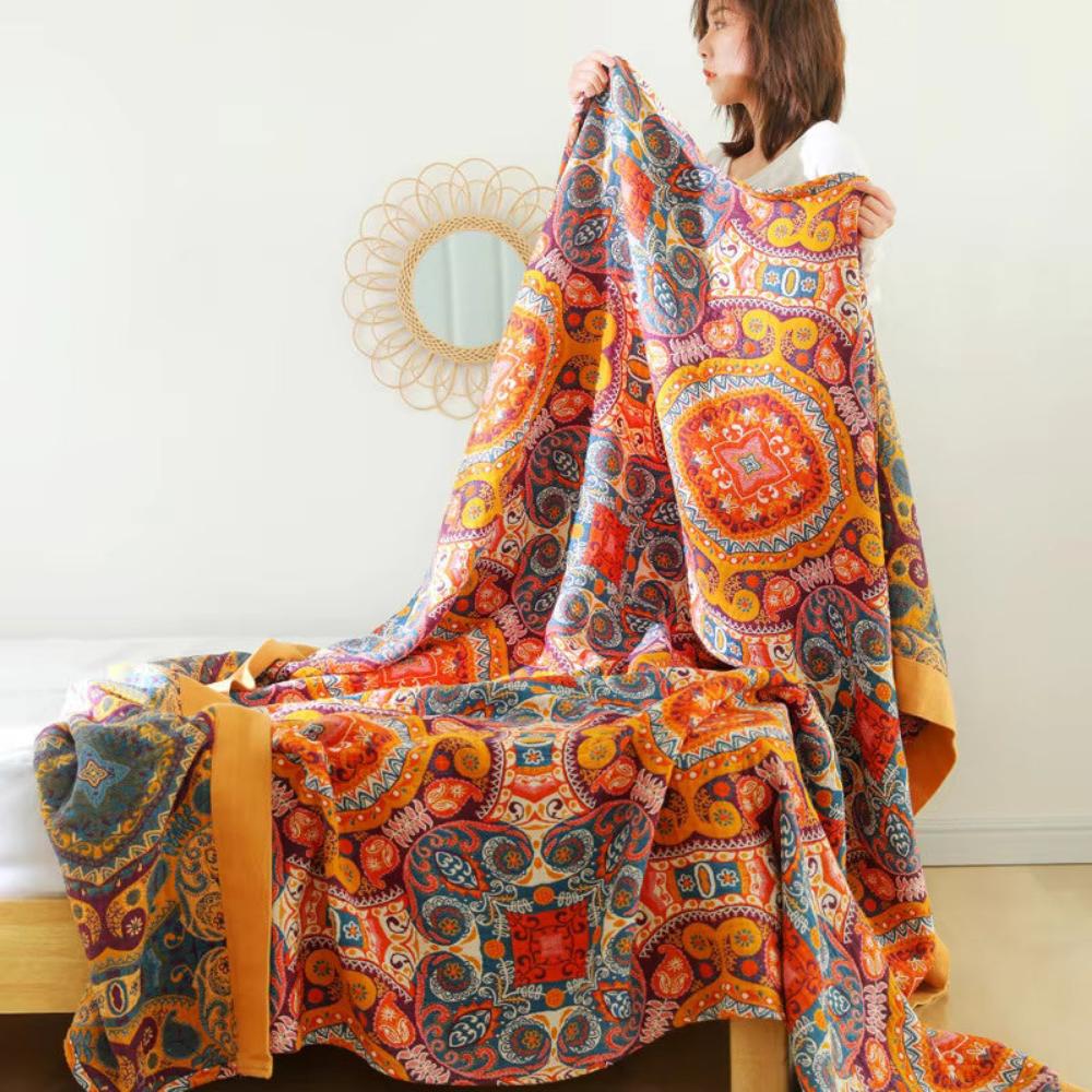 Omkeerbare Plaid in Boho-Stijl met Koelend Effect – Dubbelzijdig Zomerdeken met Vochtafvoer – Zacht Katoenen Sprei voor Warme Nachten – Moderne Deken met Zonsopgang-Patroon