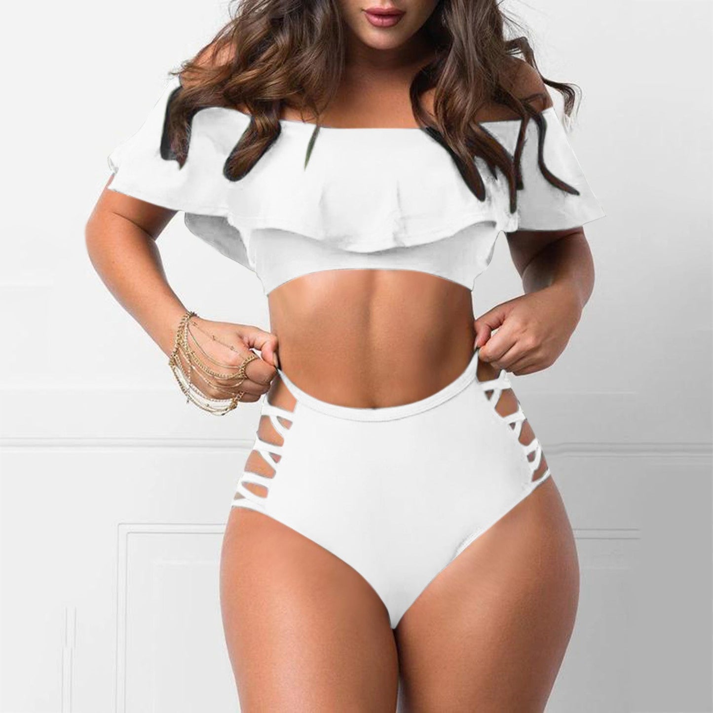 Vrouwelijke Bikini Off-Shoulder met Ruches Zomerbadmode