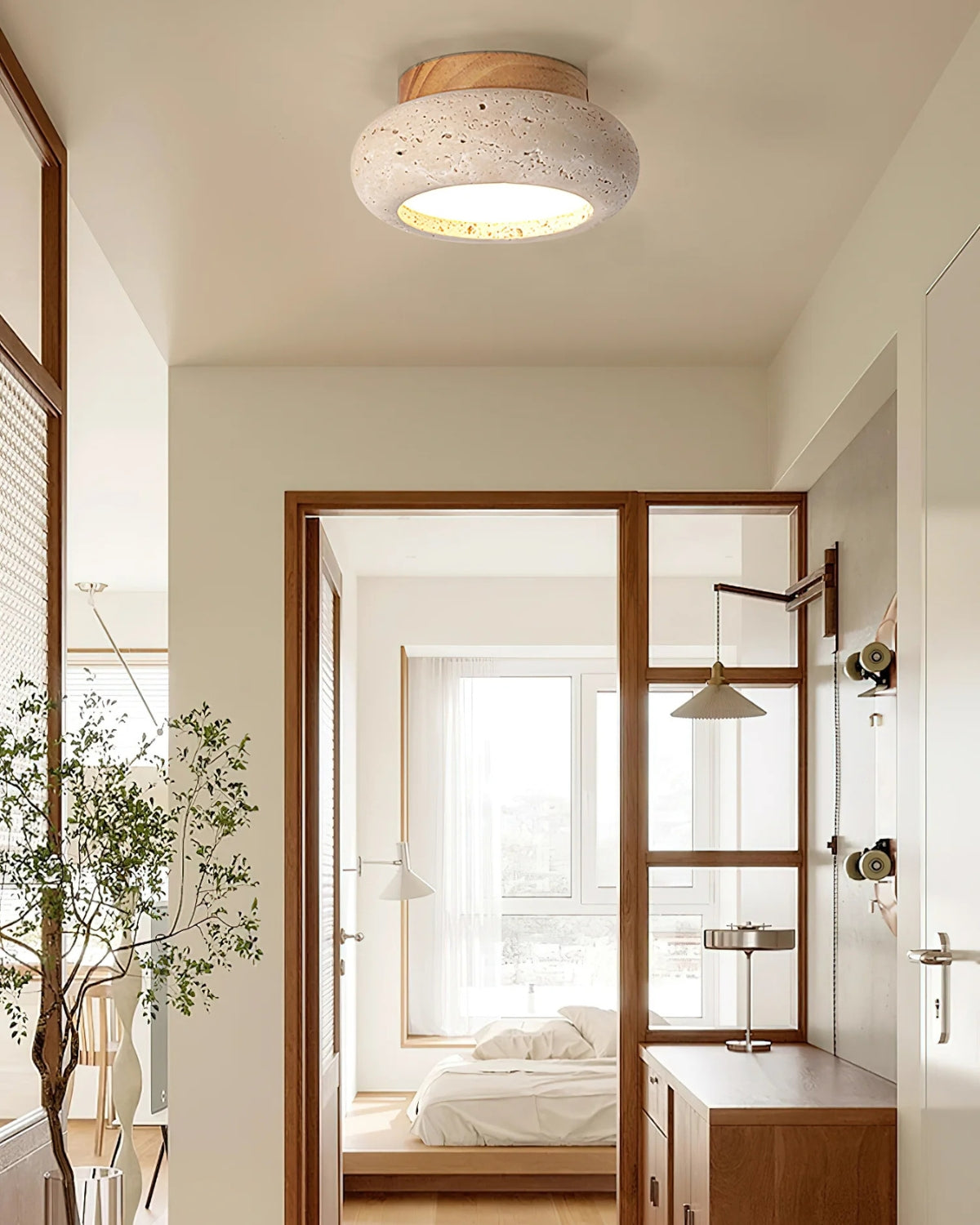 Plafondlamp acryl natuurtinten walnoot beige woonkamer slaapkamer gang warm licht diffuus elegant Scandinavisch design modern minimalisme interieur verlichting
