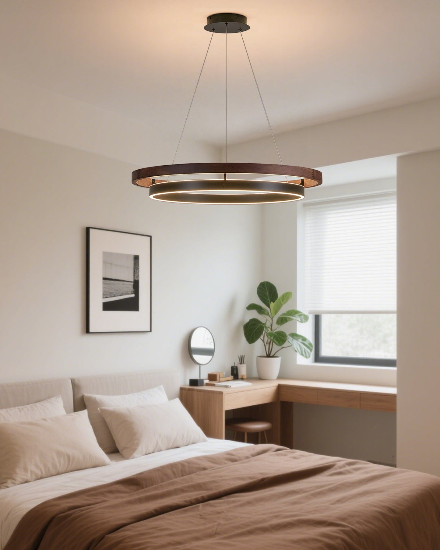 Houten Ringkroonluchter LED Ingebouwd Warm Wit Dimbaar Eetkamer Woonkamer Plafondlamp Modern Farmhouse
