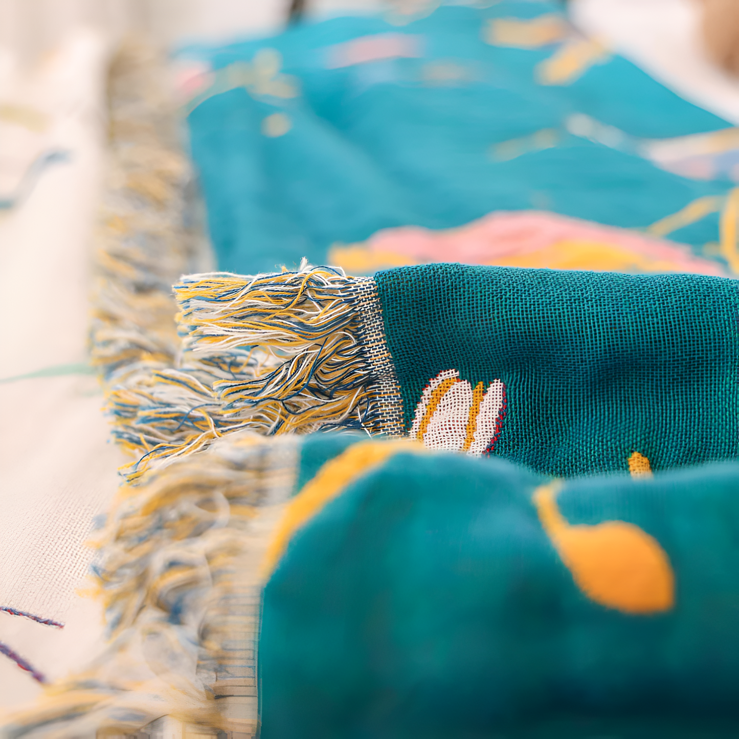 Katoenen Plaid met Vogelmotief en Kwastjes – Vintage Boho Stijl Deken voor Bank, Bed of Picknick