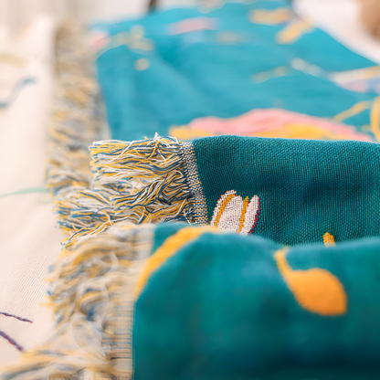 Katoenen Plaid met Vogelmotief en Kwastjes – Vintage Boho Stijl Deken voor Bank, Bed of Picknick