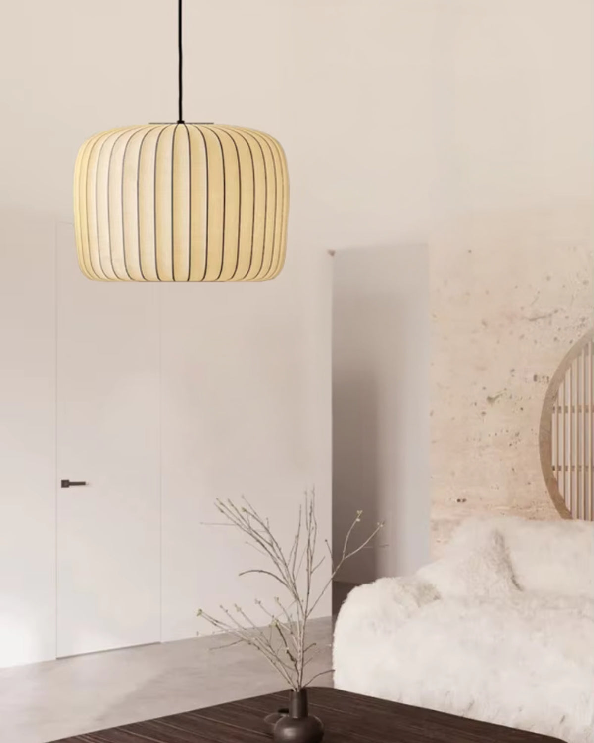 Moderne hanglamp met stoffen lampenkap – minimalistische design plafondlamp in stretchstof voor eetkamer en woonkamer