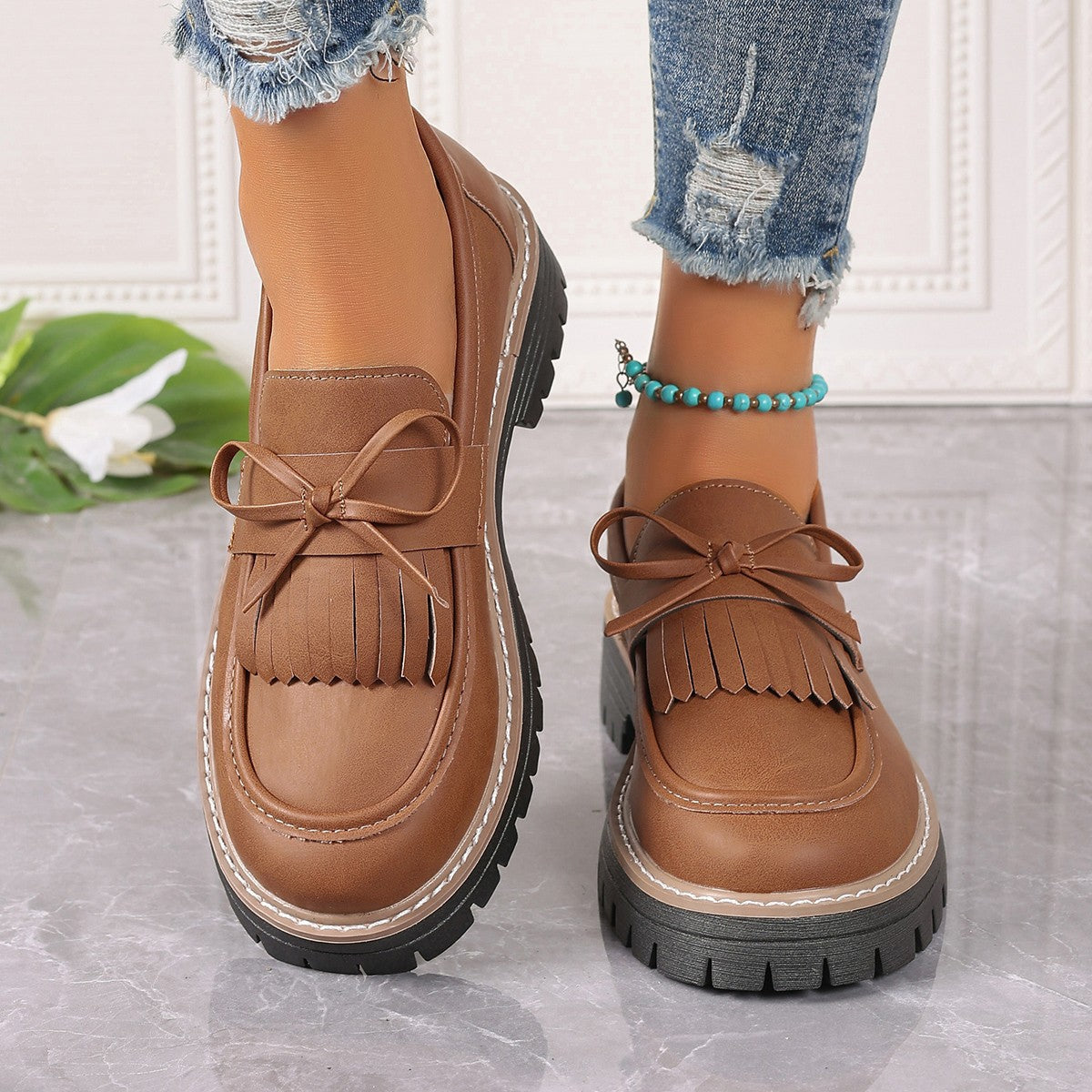 Dames Loafers Met Strik en Dikke Zool