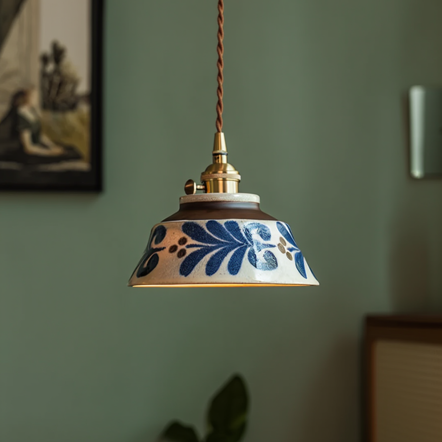 Handgeschilderde Keramische Hanglamp – Uniek Bloemmotief voor Eetkamer, Keuken & Café