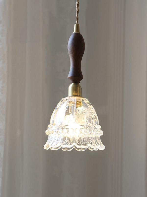 Franse Landelijke Hanglamp Glazen Kap Kwallen Design Transparant of Amber met Walnoot Greep Sfeerverlichting Eetkamer Elegante Plafondlamp