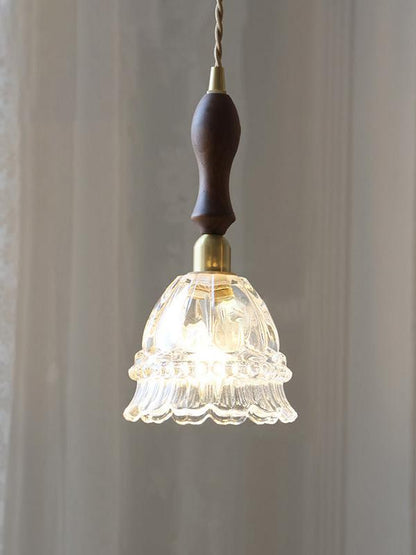 Franse Landelijke Hanglamp Glazen Kap Kwallen Design Transparant of Amber met Walnoot Greep Sfeerverlichting Eetkamer Elegante Plafondlamp