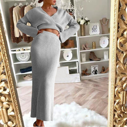 Dames Gebreide Set Maxi Rok en Trui met V-Hals - StudioMarella