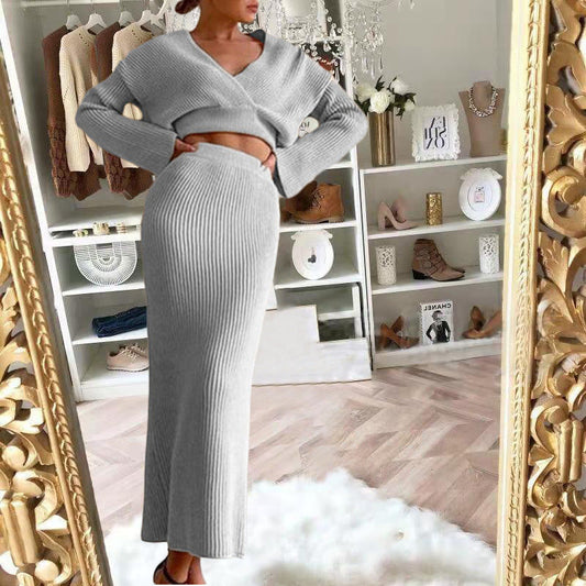 Dames Gebreide Set Maxi Rok en Trui met V-Hals - StudioMarella
