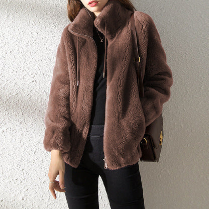 Dames Teddyjas Fleece Met Rits en Opstaande Kraag Warm en Trendy