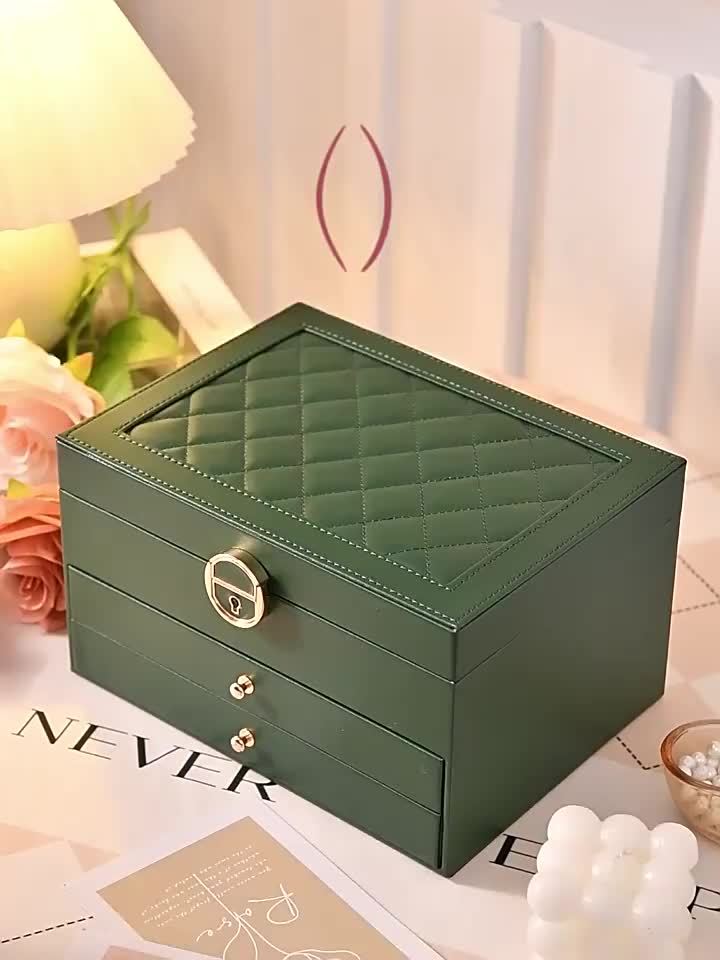 Sieradendoos Leer Met Lades PU Organizer Zwart Roze Groen 25cm