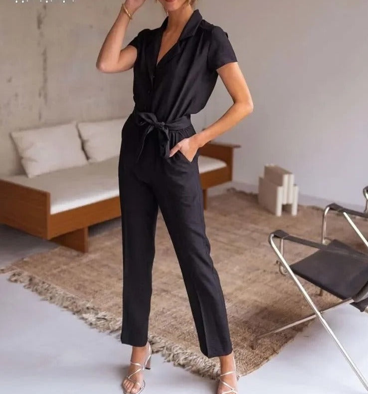 Vrouwelijke Jumpsuit Met V-Hals en Patchwork Stof
